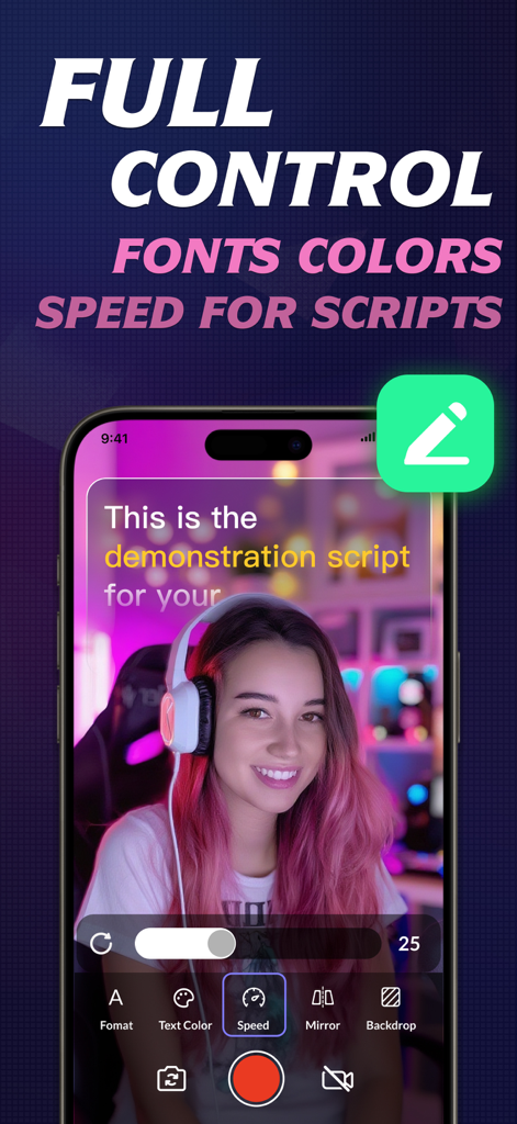 Teleprompter - Floating Script - Un smartphone affichant les options de contrôle du script du téléscripteur pour la couleur de la police et la vitesse de défilement sur un enregistrement vidéo