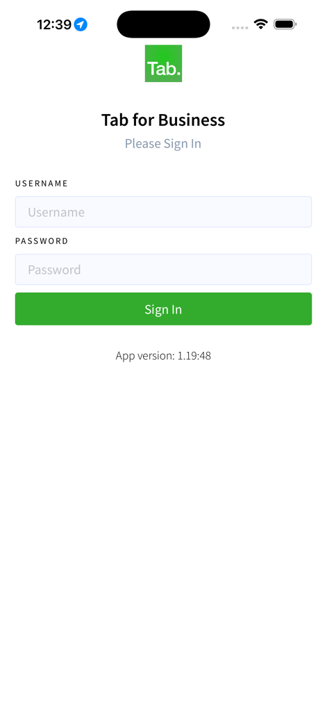Tab (for Business) - Pantalla de inicio de sesión de la aplicación móvil Tab for Business con campos de entrada de nombre de usuario y contraseña y un botón verde de Iniciar Sesión.