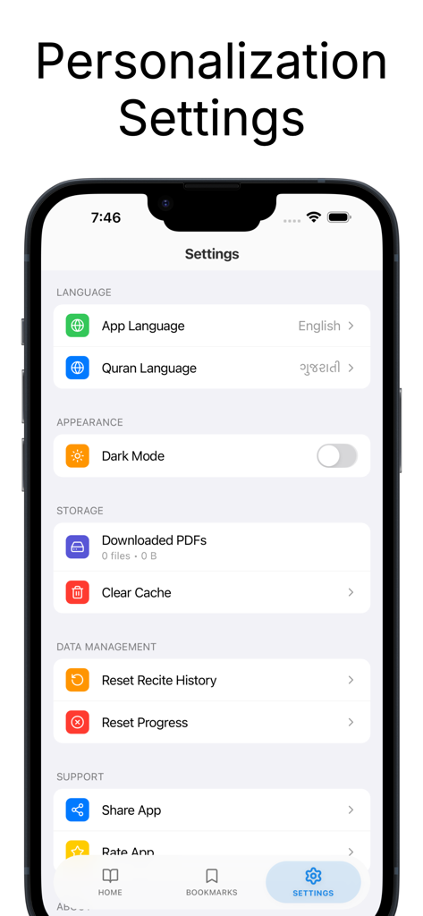 Al Quran – Gujarati & Hindi - Personalization settings screen of the Al Quran app showing language choices for Gujarati and Hindi speakers