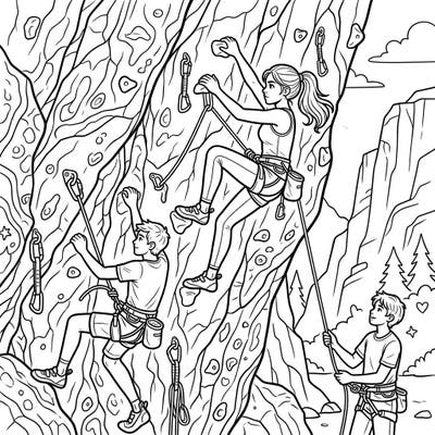 Experience the exciting world of rock climbing with this dynamic coloring page featuring determined youth climbers. Designed with clear lines, it offers an engaging and relaxing activity for seniors to enjoy.