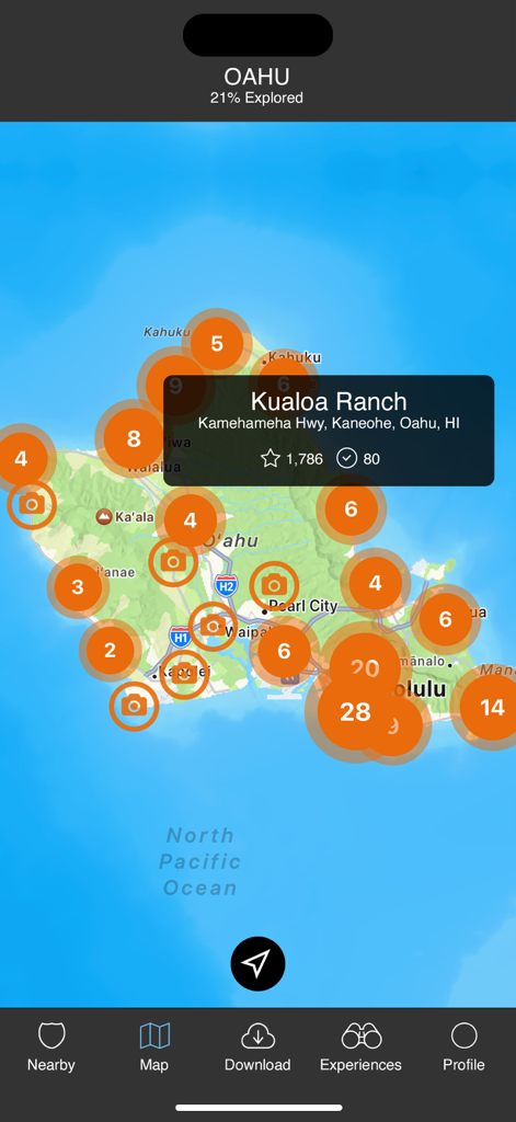 Oahu Offline Island Guide - Map view of Oahu in the offline travel guide app showing various photo spots and location clusters
