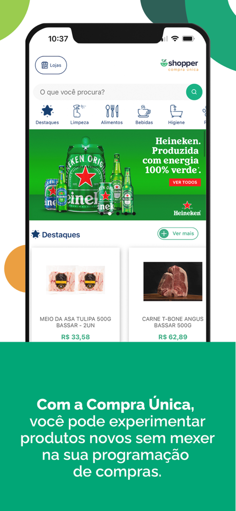 Mobile app interface of Shopper Supermercado Online showing food categories and featured products