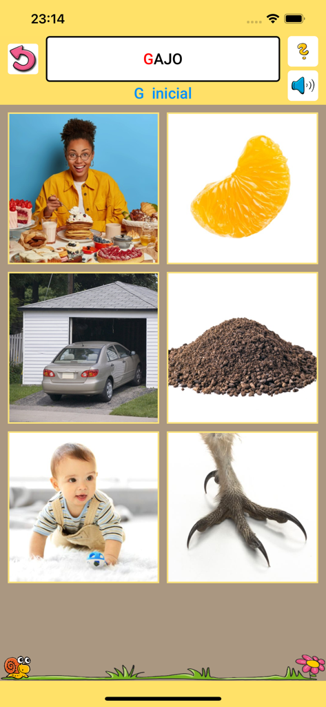 Fonoaudiología : ejercicios AR - Interface of Fonoaudiologia AR app showing a speech therapy exercise for the initial G sound with vocabulary images