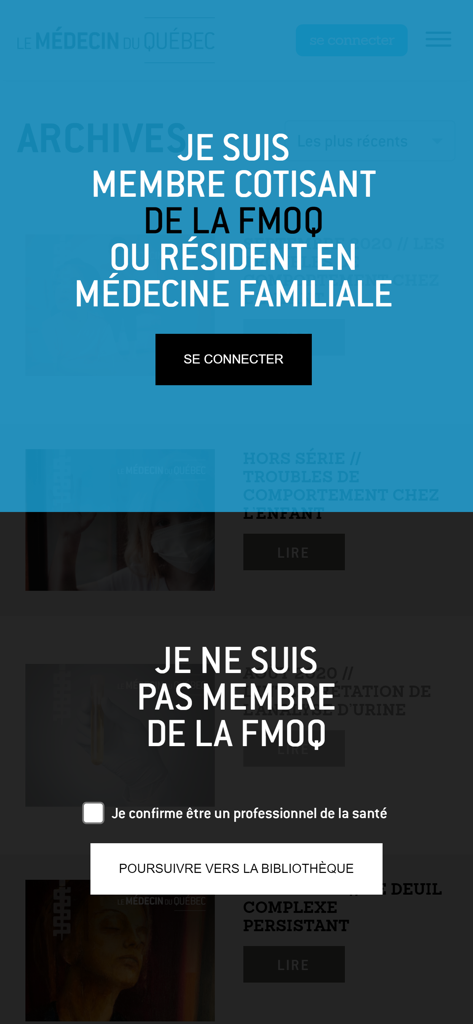 Le Médecin du Québec - Login and professional identification screen for members and non-members of FMOQ in the Le Medecin du Quebec mobile app