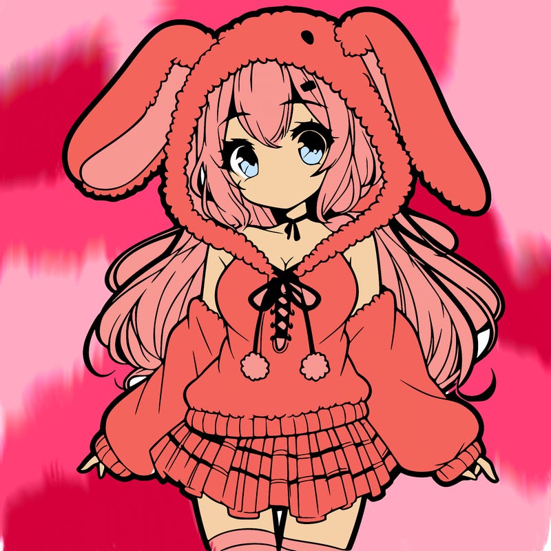 pretty anime girl wearing a fluffy hoodie with bunny ears on the hood and a skirt