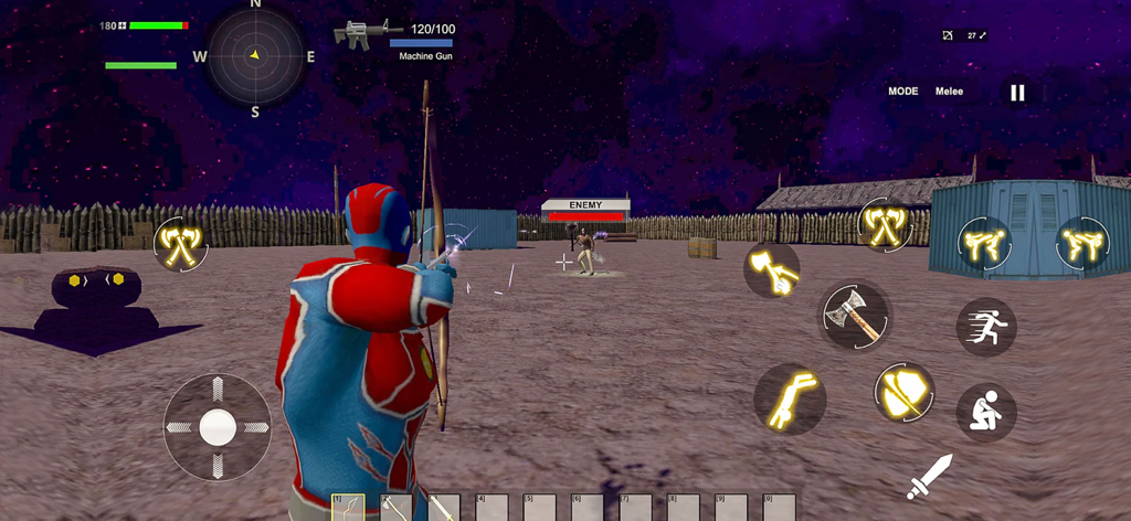 Superhero in red and blue suit aiming a bow and arrow at an enemy in a 3D combat simulator