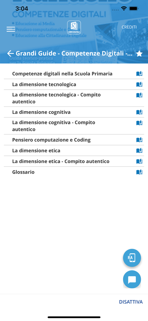 Table of contents in the Raffaello Player app showing chapters of a digital textbook about digital skills and coding