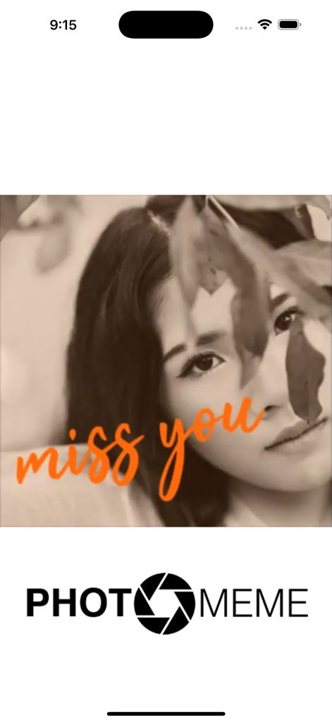 photo-meme - Retrato em tom sépia com texto em script laranja escrito 'miss you' no aplicativo photo-meme
