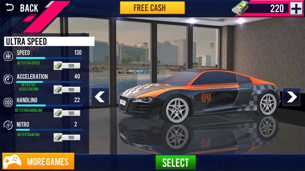 Daytona Beach Racing - Pantalla de personalización de coches en Daytona Beach Racing con estadísticas del coche deportivo.