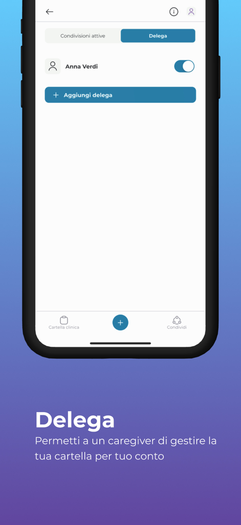 DataMed - Interfaz para gestionar la delegación de historiales médicos a cuidadores en la aplicación DataMed.