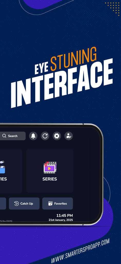 Interface utilisateur de l'application Smarters IPTV Pro présentant un design moderne avec navigation séries et favoris