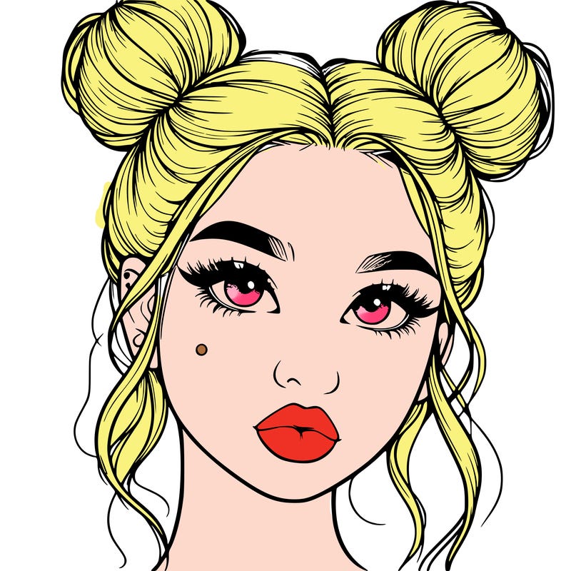 realistic girl with two buns on her hair and lips