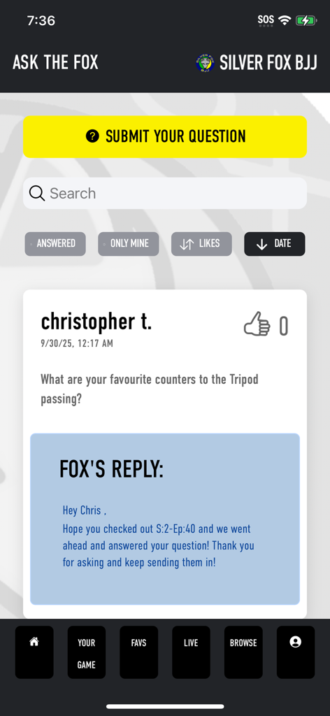 Ask the Fox interface showing a BJJ technique question and reply within the Silver Fox BJJ app.