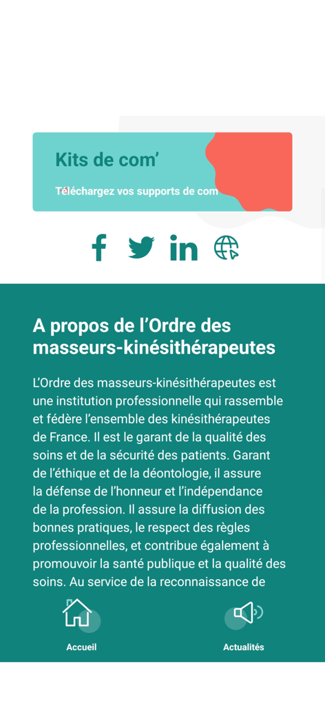 Interface of the Mon appli Kine app showing communication kits and information about the French National Order of Physiotherapists.