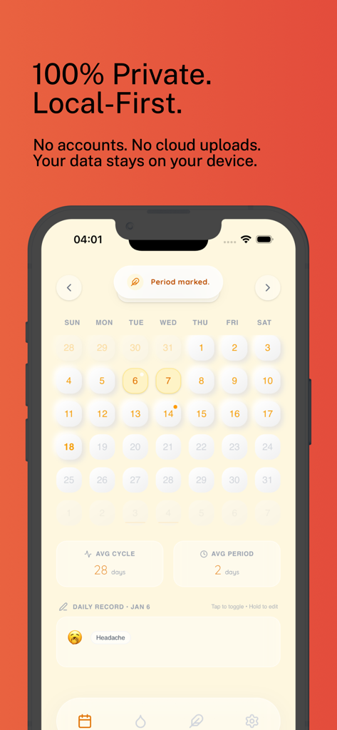Fallow: Period Tracker - Interfaz de calendario minimalista de Fallow Period Tracker que enfatiza la privacidad de datos local primero.