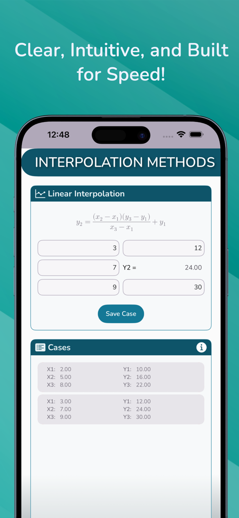 Oberfläche der Interpolationsmethoden-App, die eine lineare Interpolationsformel und Berechnungseingaben anzeigt