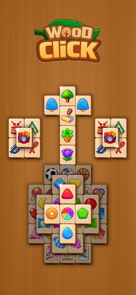 Click Wood - Uma tela de jogo para celular do Click Wood com peças de mahjong de madeira com ícones coloridos em um fundo com textura de madeira