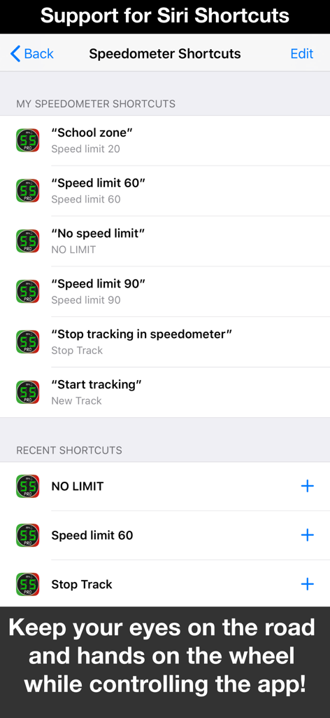 Speedometer 55 Pro. GPS kit. - Speedometer 55 Pro interface displaying Siri Shortcuts for hands-free voice control of speed limits and trip tracking.