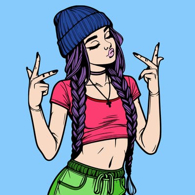 realistic teenage girl with braids and a beanie and crop top doing 🫶🏼