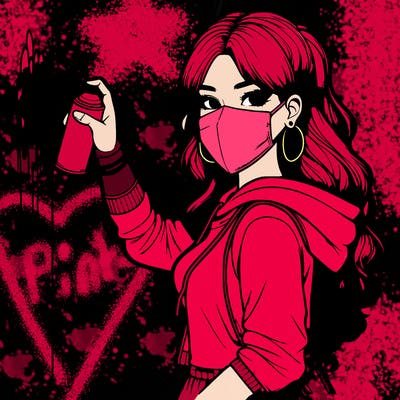 realistic girl with mask spray painting a wall