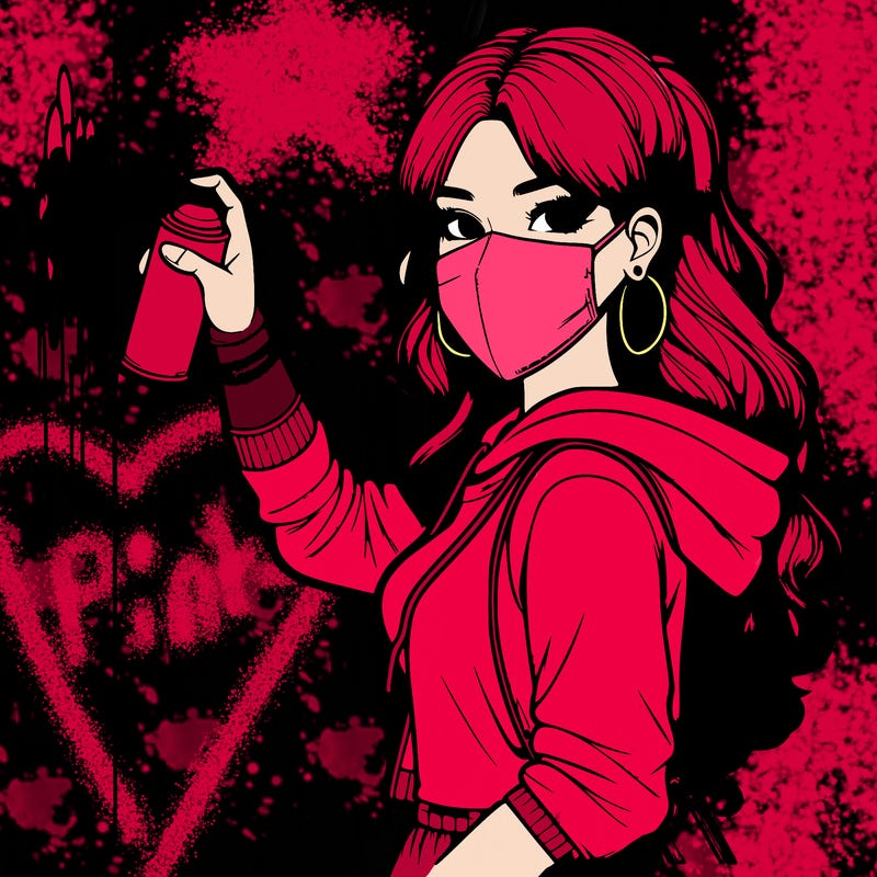 realistic girl with mask spray painting a wall