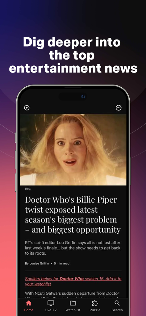 Radio Times - What to watch - Radio Times app displaying an entertainment news article about a Doctor Who plot twist.