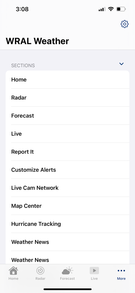 WRAL Weather - WRAL Weather app navigation menu showing sections like Radar, Forecast, Live Cam Network, and Hurricane Tracking