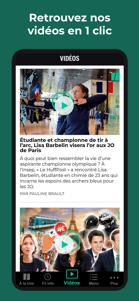Le HuffPost - Interface de l'application mobile Le HuffPost montrant la section vidéo avec des reportages sur les Jeux Olympiques de Paris et l'actualité française.