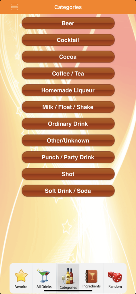 The categories screen of the drink recipes app showing menu options for cocktail beer and shot