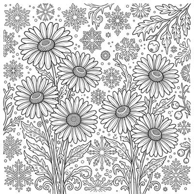 Embrace the unexpected beauty of winter with this enchanting Oxeye Daisies coloring page. Delicate blossoms mingle with intricate snowflakes, creating a unique and captivating scene ready for your creative touch.
