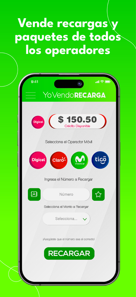 さまざまなキャリアの携帯電話クレジットを再販するためのYoVendoRecargaアプリインターフェースを表示するスマートフォン画面