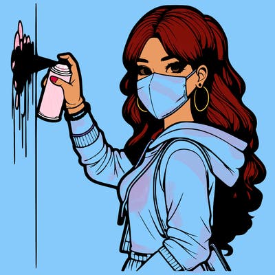 realistic girl with mask spray painting a wall