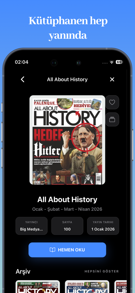 dMags Dijital Dergi Platformu - dMagsアプリのインターフェース。All About Historyマガジンの詳細ページと「今すぐ読む」ボタンが表示されています。
