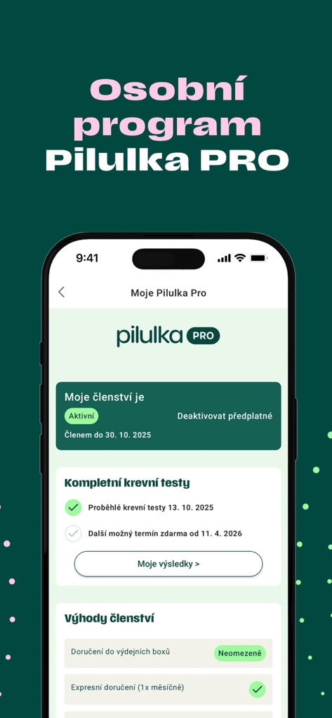 Painel do aplicativo Pilulka PRO mostrando status de associação ativa e rastreamento de exames de sangue para saúde personalizada.