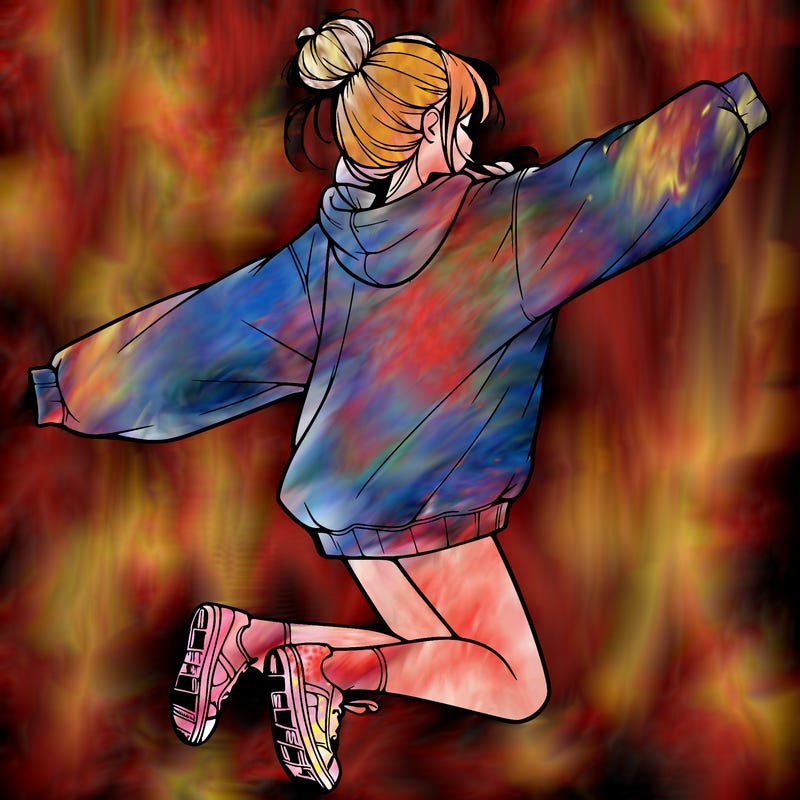 realistic girl jumping with a bun and oversized sweatshirt
