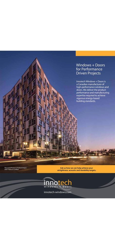 Sustainable Architecture. - Advertisement for Innotech high performance windows and doors featuring a LEED Platinum certified building.