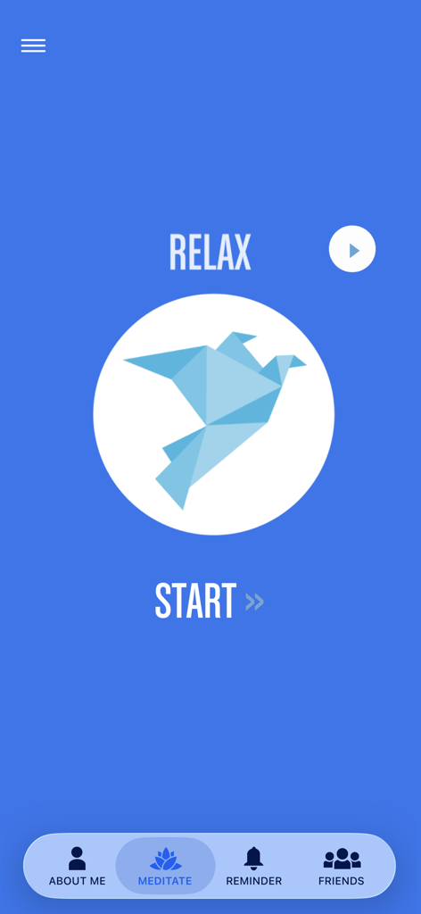7 Minute Chi - Meditate & Move - 7 Minute Chi app interface showing the relax meditation start screen with a geometric bird icon and blue background