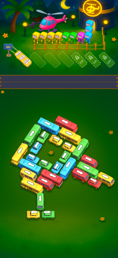 Bus Fever - Car Parking Jam - Gameplay screenshot of Bus Fever showing color coded buses and passengers in a parking jam puzzle