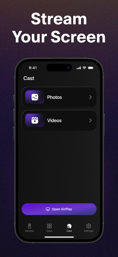Interfaz de smartphone mostrando opciones para transmitir fotos y videos a un televisor usando la aplicación Control Remoto Universal