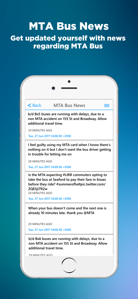 MTA Bus News section of the NYC Bus Time App with real-time service updates and delays