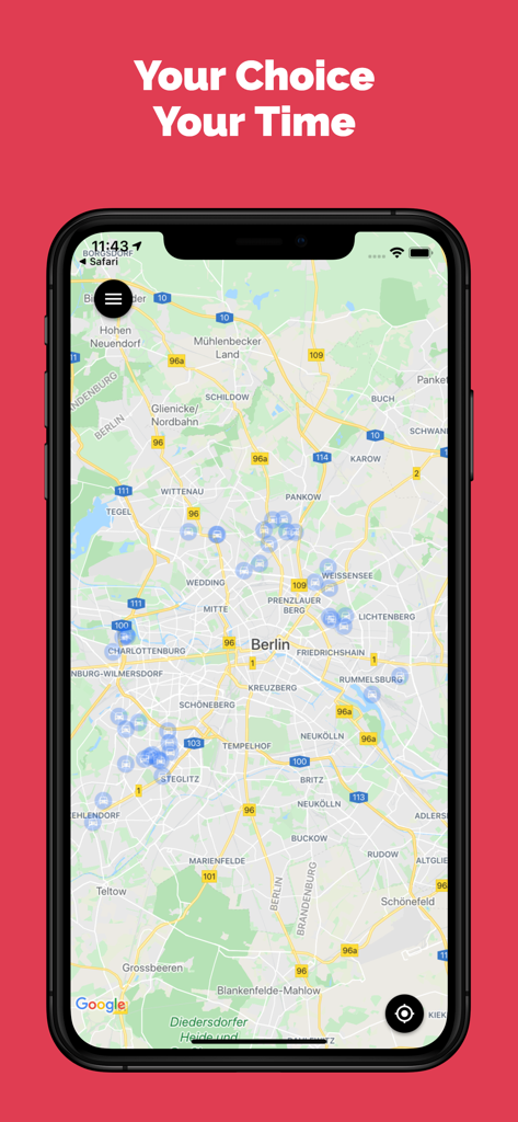 StreetCrowd - StreetCrowd mobile app showing a map of Berlin with multiple icons representing available cars for relocation tasks.