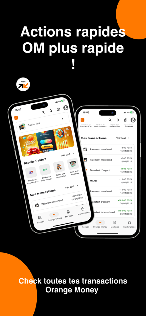 Orange Max it - Côte d'Ivoire - User interface of the Orange Max it app showing Orange Money transactions and quick action shortcuts.