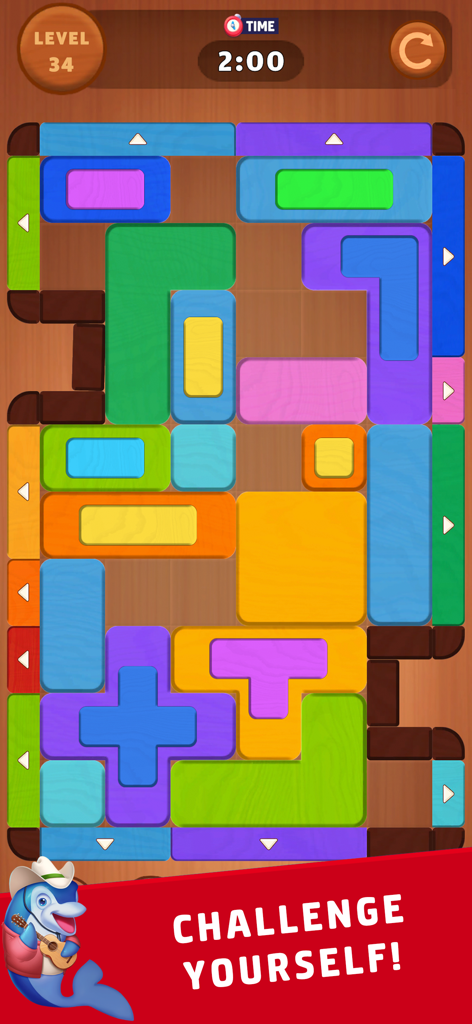 Wood Block Jam Master - Wood Block Jam Master mobile game level screen with colorful blocks and challenge yourself text