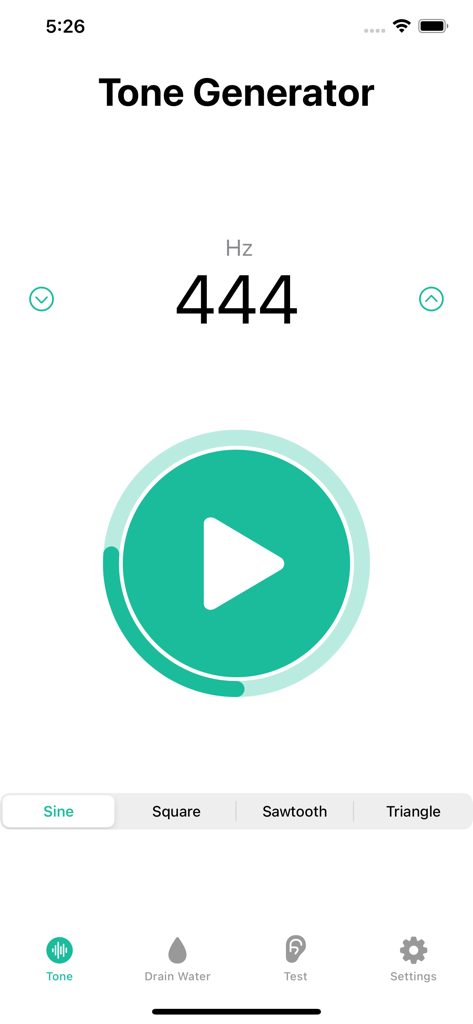 Tone Generator: Frequency App - Interface of Tone Generator app showing a frequency of 444 Hz with a sine wave selection and play button