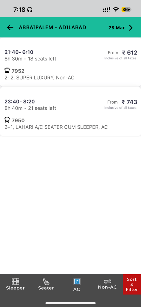 Resultados de busca de ônibus no aplicativo TGSRTC mostrando horários de rotas e preços de passagens para viagens em Telangana