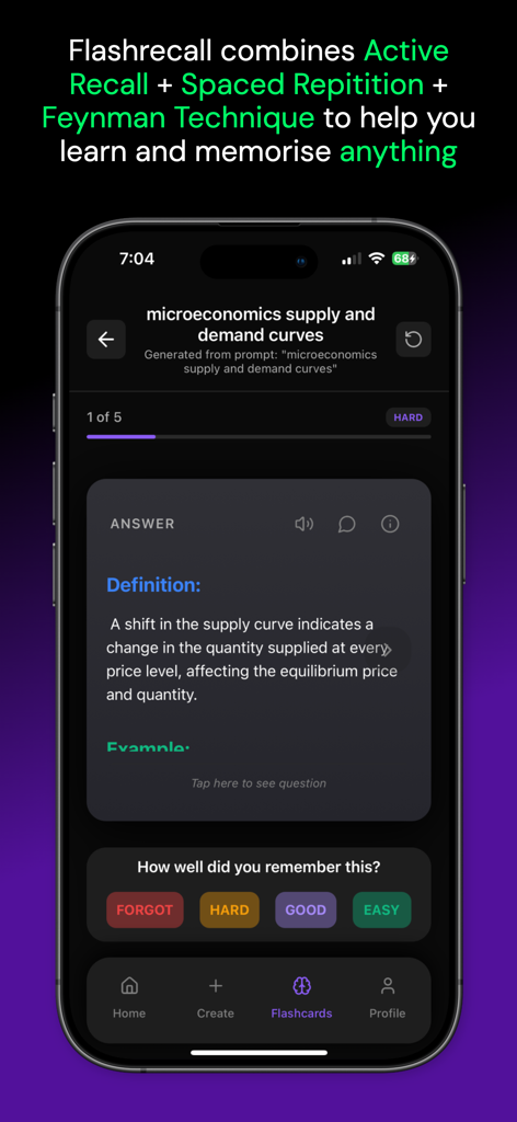 Pantalla de smartphone mostrando la aplicación Flashrecall con una tarjeta de memoria de microeconomía y opciones de revisión de repetición espaciada