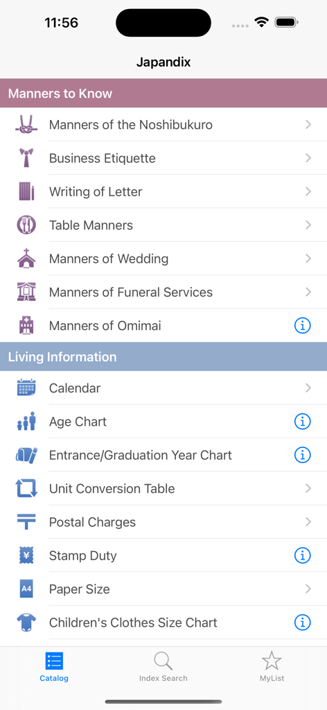 Japandix app catalog screen listing Japanese manners and living information topics