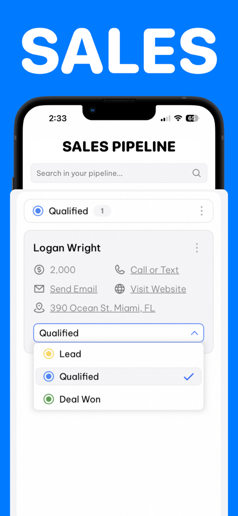 CRM Sales Pipeline - Mobile app interface showing a customer contact card with sales pipeline stage selection