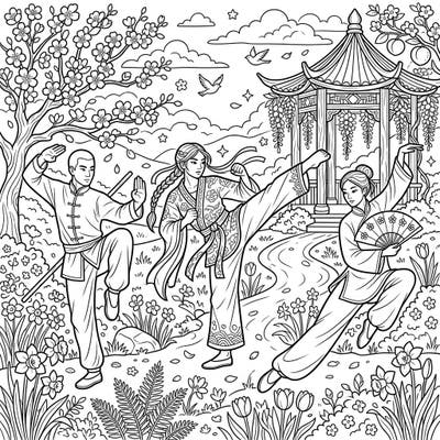 Unleash your creativity with this inspiring coloring page featuring dynamic martial artists practicing their forms. Set against a beautiful spring backdrop, this scene invites you to bring vibrant colors to life.