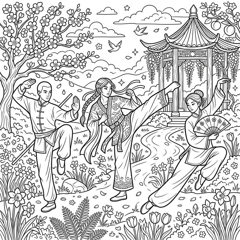Unleash your creativity with this inspiring coloring page featuring dynamic martial artists practicing their forms. Set against a beautiful spring backdrop, this scene invites you to bring vibrant colors to life.